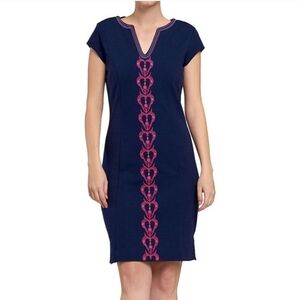 Hatley Navy Blue Pink Embroidered Ponte Knit Career Wear Midi Dress Size Large